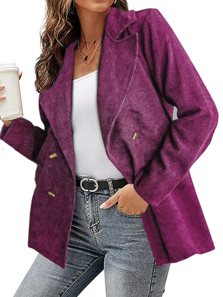 Spring New Women's Double-breasted Temperament Commuter Office Suit Jacket Solid Color Coat Casual Corduroy Women's Clothing