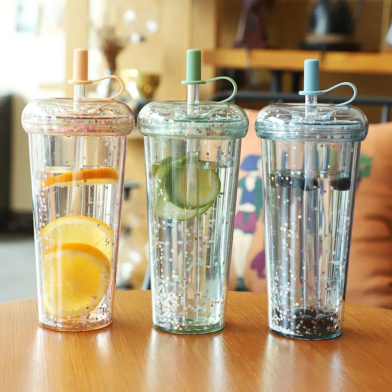 

Flash water bottle double glass straw water bottle girl foam cup leakproof cup