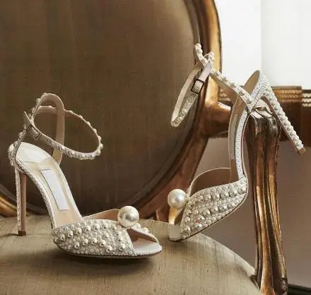 Women's White Thin High Heels Sandals Peep Toe Pearl Decoration Female Sexy Summer Sandals Party Shoes