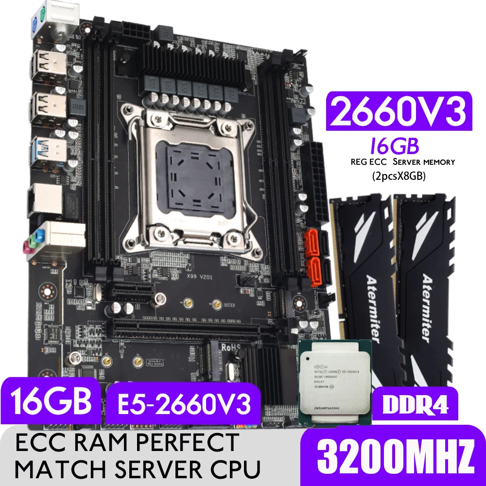 

Комплект материнской платы Atermiter X99 D4 с процессором Xeon E5 2660 V3 LGA2011-3 2 шт. X 8 ГБ = 16 Гб 3200 МГц DDR4 память REG ECC RAM