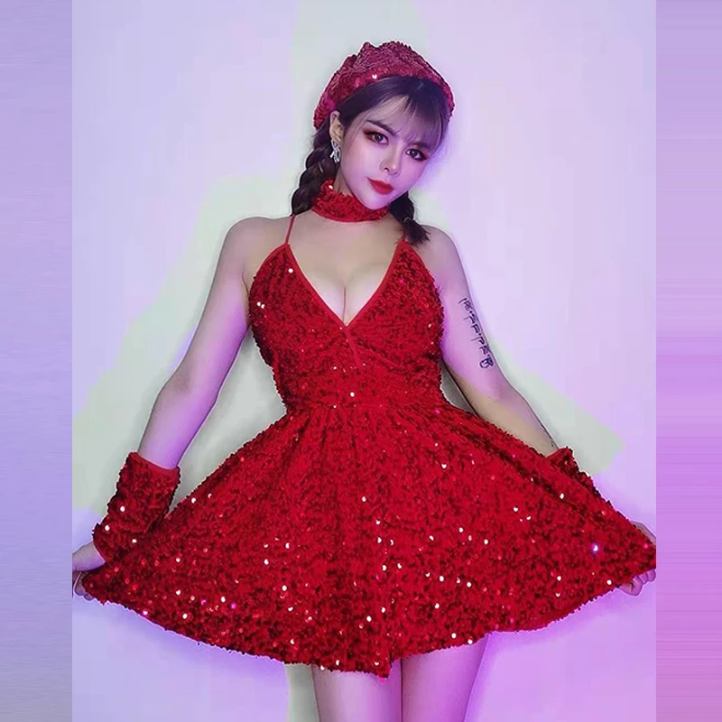 

Nightclub Singer Dancer Stage Costume Sexy Red Sequins Dress Jazz Performance Dancewear Women Gogo Dancer Rave Outfit YS3565