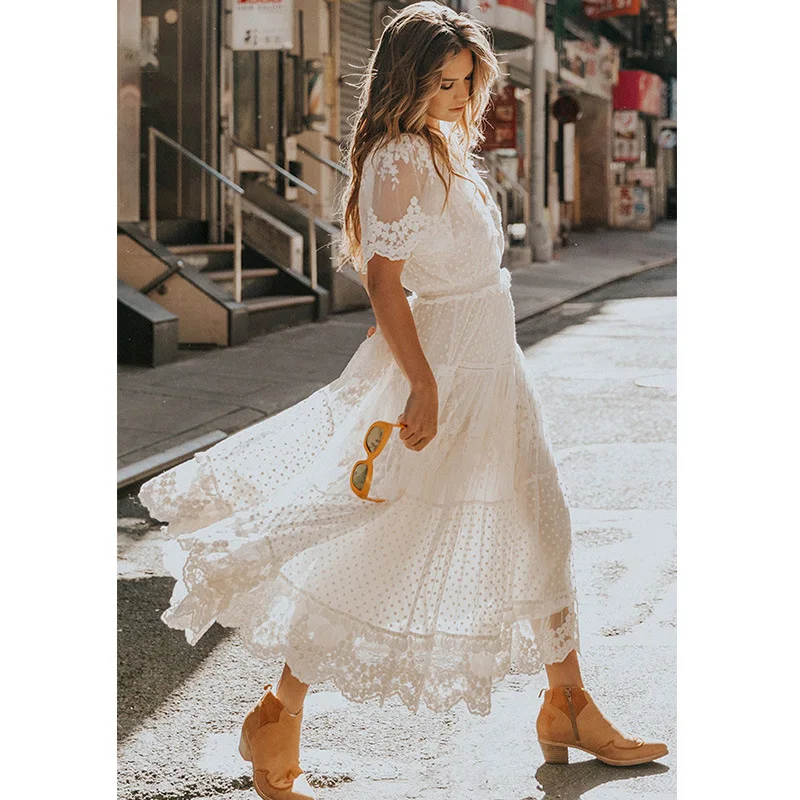 

Sexy V-neck Short Sleeve Dress Lace Splice White Long Dresses Women 2023 Summer Elegant Embroidery Skirt Vestidos Beach Dress
