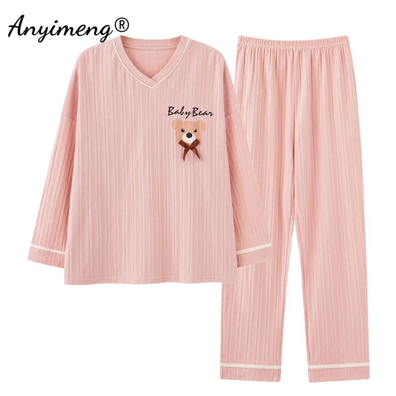

New M-3XL Soft Cotton Women's Pink Autumn Spring Winter Long Sleeve Long Pants Pajama Kawaii Girls Nightwear for Young Lady
