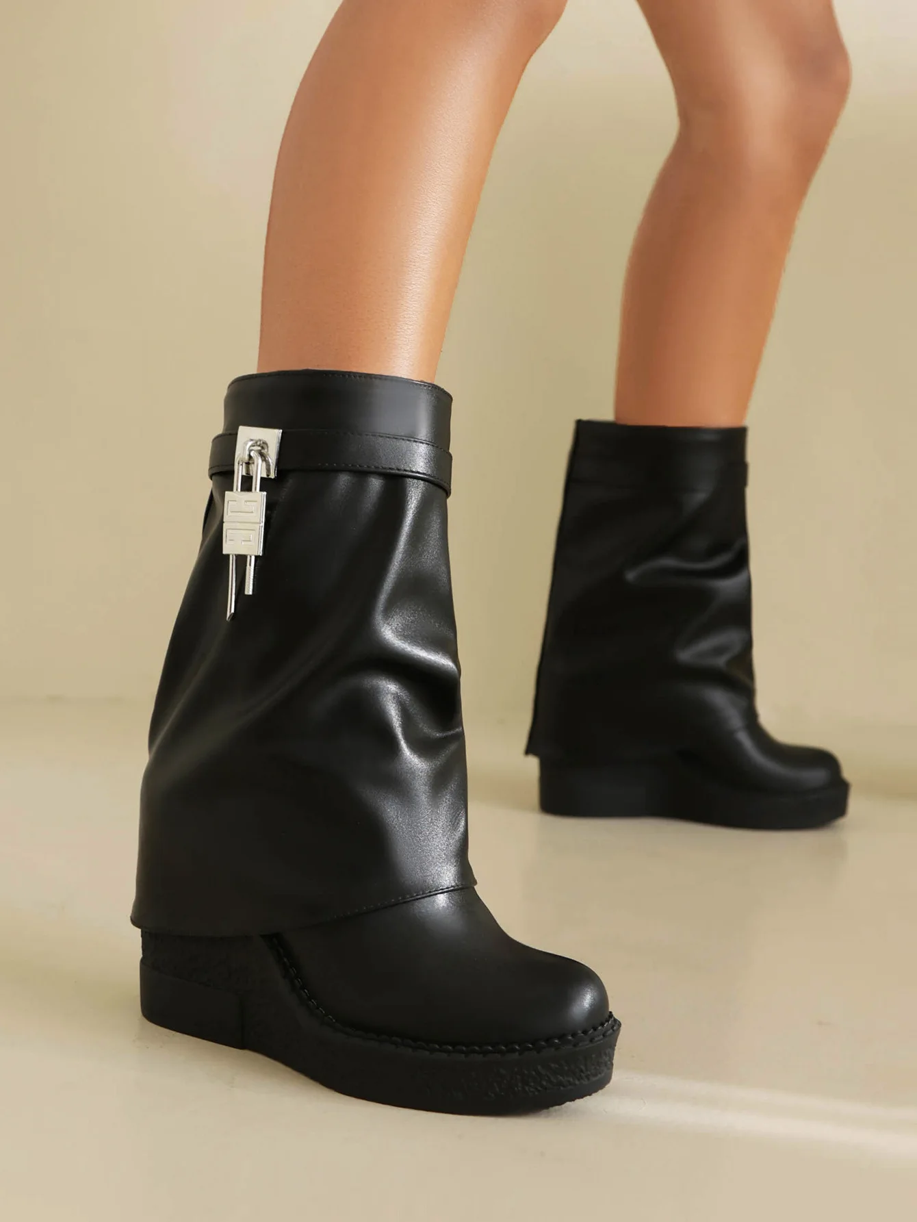 

Brand Design Solid Color Trouser Leg Boots Wedge Heel Thick Sole Heightened Zipper Knight Boots Sexy Women's Boots 35&46