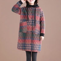 winter women vintage parkas plaid button cotton coats hooded pockets 2021 new warm female clothes korean style parkas coats 2xl