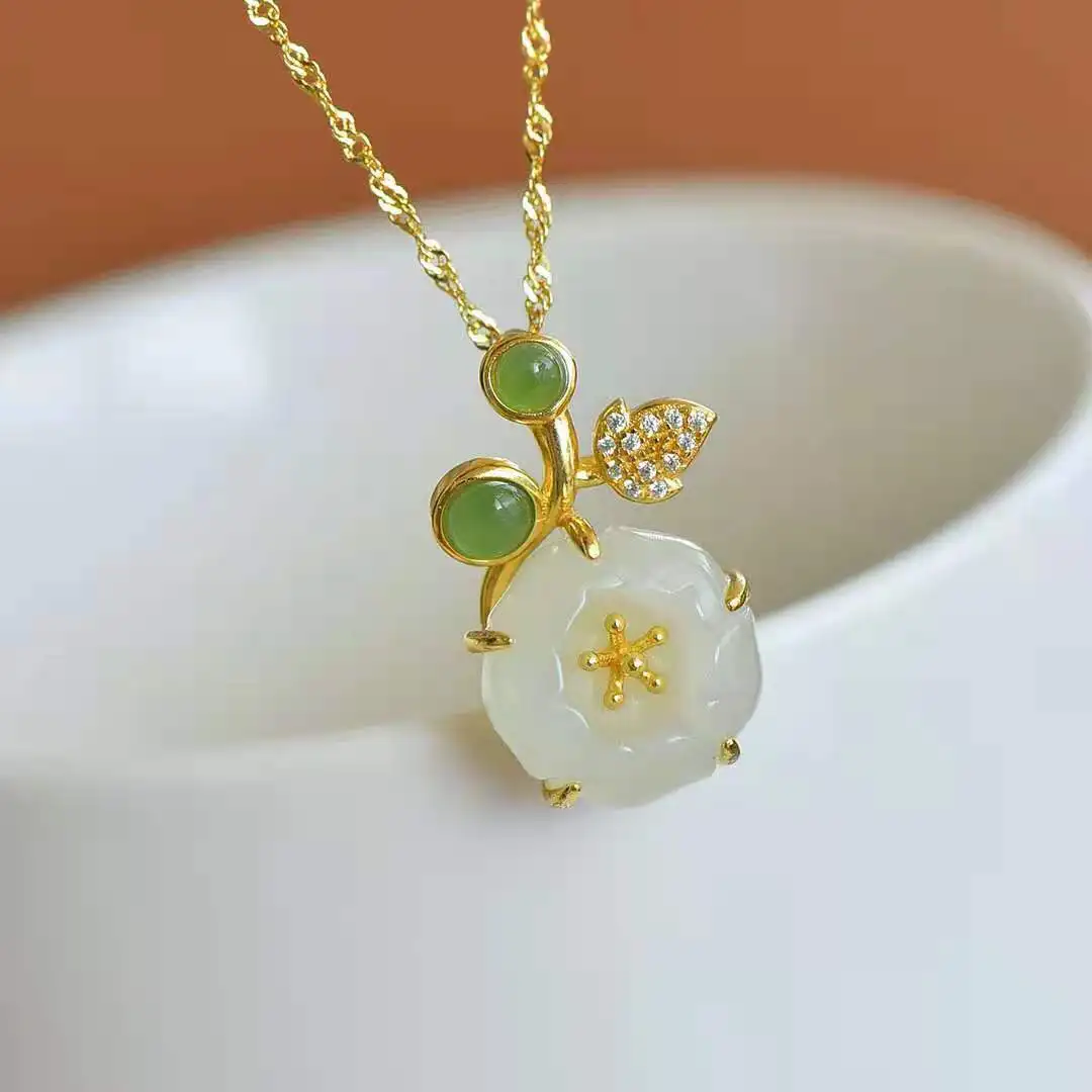 Подвеска из натурального жадеита Хэтянь с цветочным узором из серебра S925 в стиле ретро для культурной шейной цепочки.