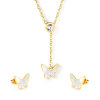 fashion european and american gold silver white butterfly pendant stainless steel necklace earrings for womens jewelry set