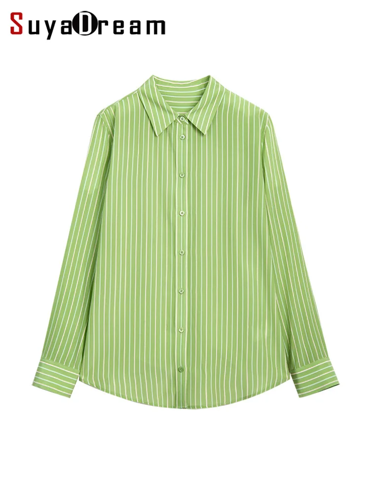 SuyaDream Woman Striped Shirts 100%Silk Crepe Long Sleeves French style Blouses 2022 Spring Autumn Office Lady Green Top