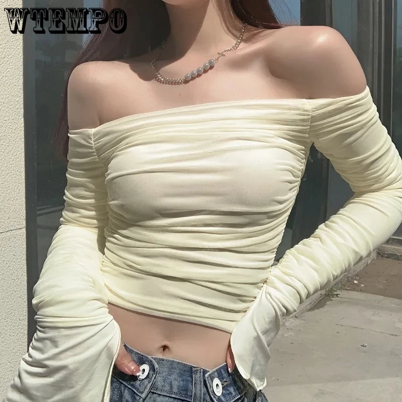 

WTEMPO Harajuku Long Sleeve Slim Folds T-Shirts Women Solid Slash Neck Spring Fall Sexy Retro Elegant Cropped Tops Streetwear