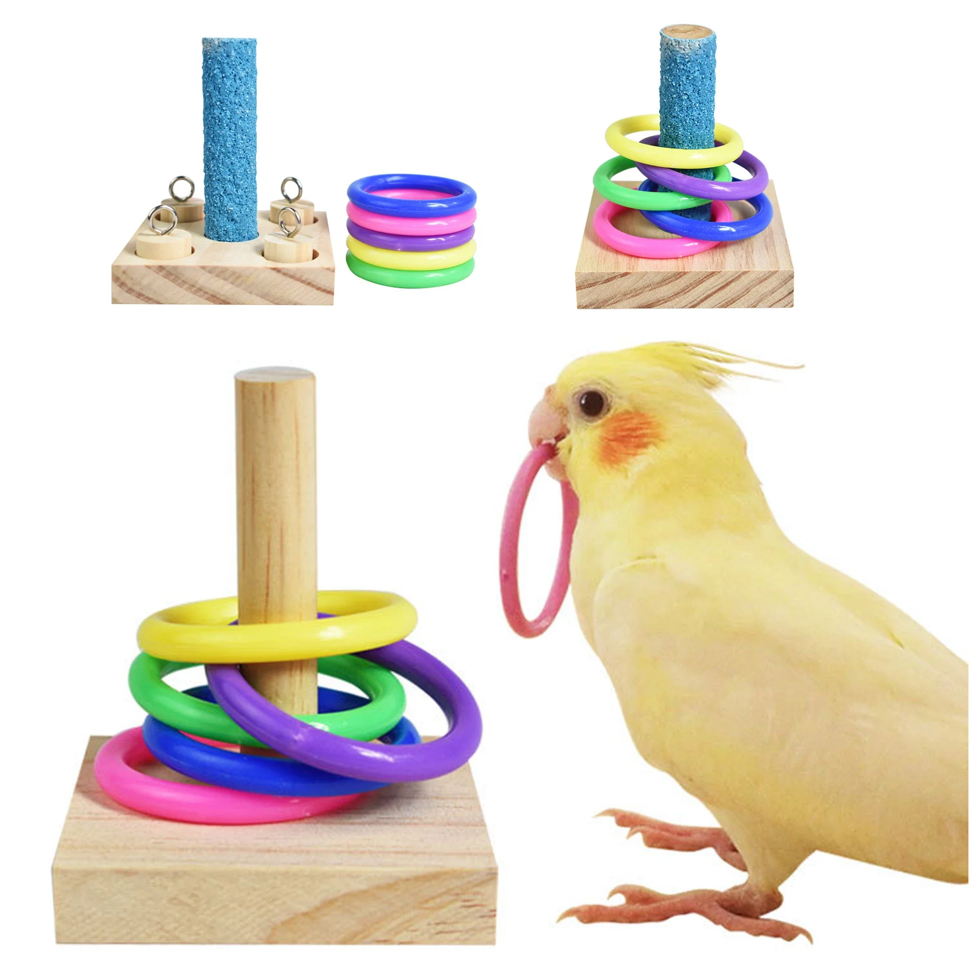 

Bird Training Toys Set Wooden Block Puzzle Toys for Parrots Colorful Plastic Rings Intelligence Training Chew Toy для попугаев