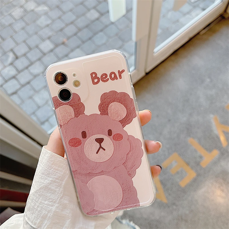 

For iphone 11 12 13 Pro Max XR X Xs 6 7 8 Plus Phone Case Cute Cartoon Bear Letter Transparent Border Silicone Anti-fall Shell