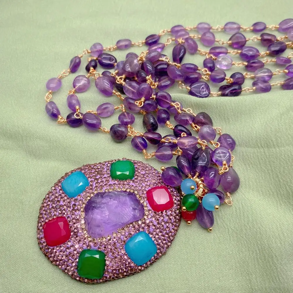 YYGEM 3 нити натуральный 8x10 мм фиолетовый аметист четки цепочка ожерелье 56x47 большой