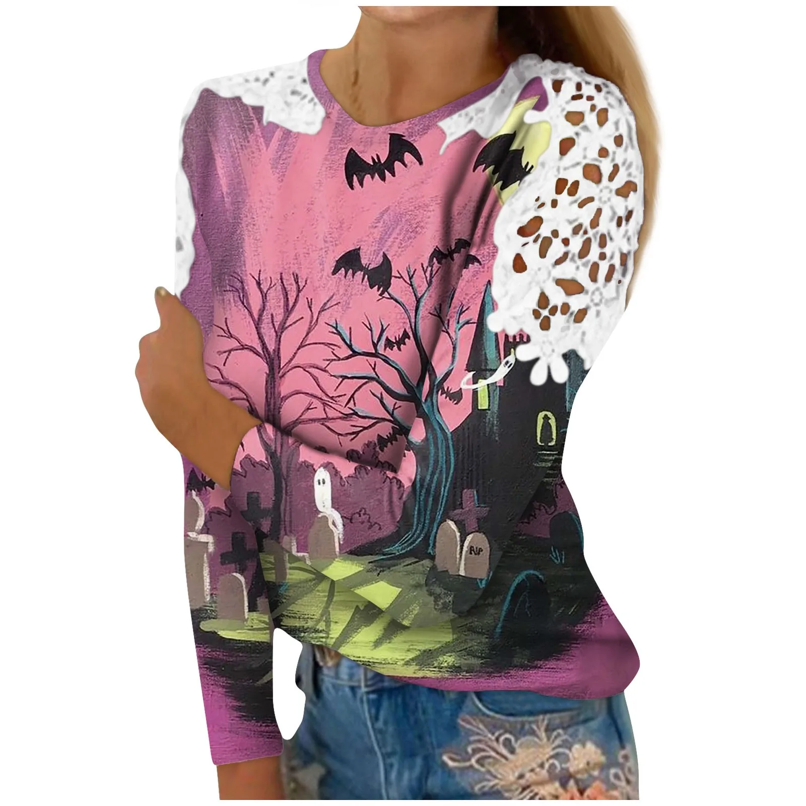 

Tops Women Slim Halloween Hand Painting Landscape Lace Shoulder Crewneck Clubs Party Tops Stylish And Fashion Design Camisetas