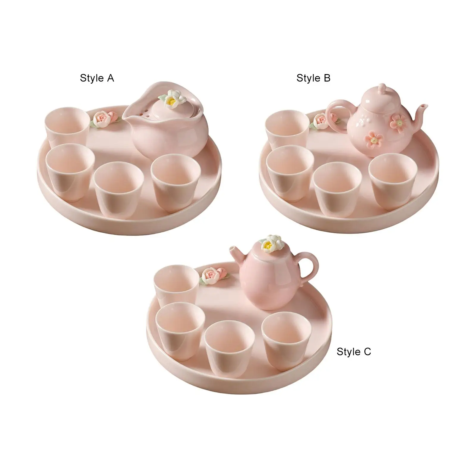 

Porcelain Teapot and Cup Set Delicate , Includes 1 Kettle, 4 Cups and Serving Tray Flower Decoration Exquisite Cute Shape