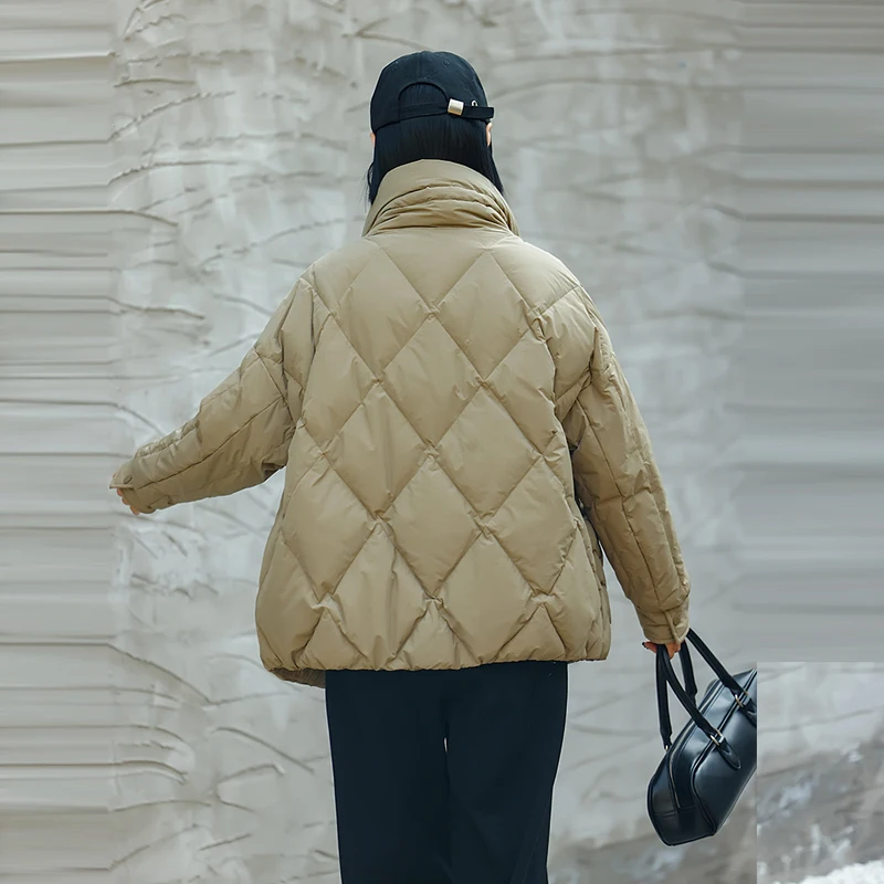 Vintage Women Winter 90% white duck down jacket Khaki 2023 New trendy Knit pockets parkas Long sleeve puffer coat INKEO 2O341