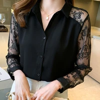 fashion woman blouses 2022 new female clothing womens buttoned shirts chiffon tops for women lace spliced hollow out black pink
