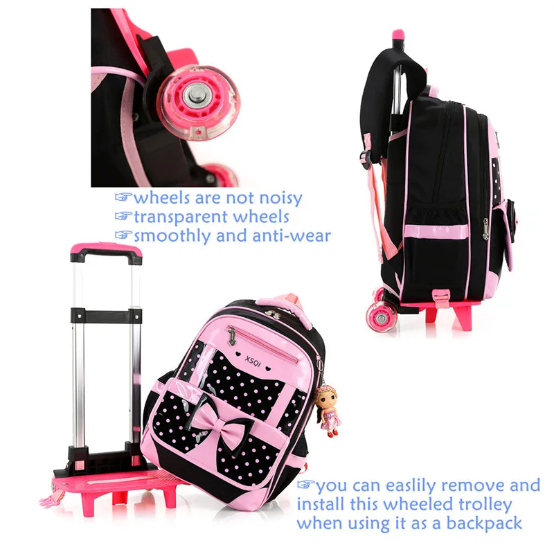 Girls Rolling Backpacks Children School Bags with 6 Wheels Waterproof Trolley Backpack Kids Wheeled Bags for Girls Bookbag