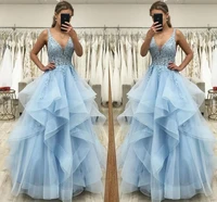 princess sky blue ruffles long prom dress v neck lace appliques evening formal gowns eleglant robe de soiree vestidos fiesta