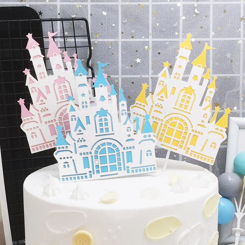 

5pcs Star Castle Cake Topper Pink Yellow Blue Wedding Cake Decorating Supplies Girl Birthday Party Personality Cupcake Topper