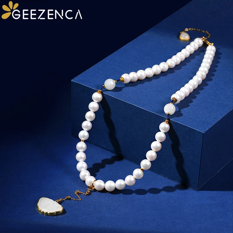 

GEEZENCA Natural Freshwater Pearl Jade Butterfly Pendant Necklace For Women Luxury Trendy Handmade Designer 925 Silver Necklaces