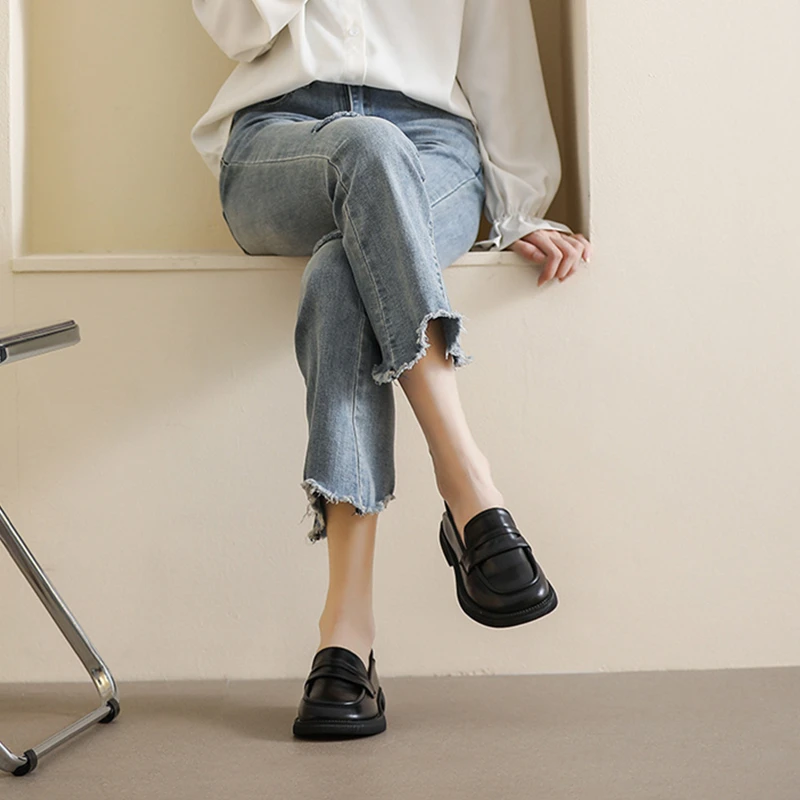 High Quality Penny Loafers Women Genuine Cow Leather Round Toe Slip-on Sewing Design Ladies Comfortable Flats Woman Casual Shoes