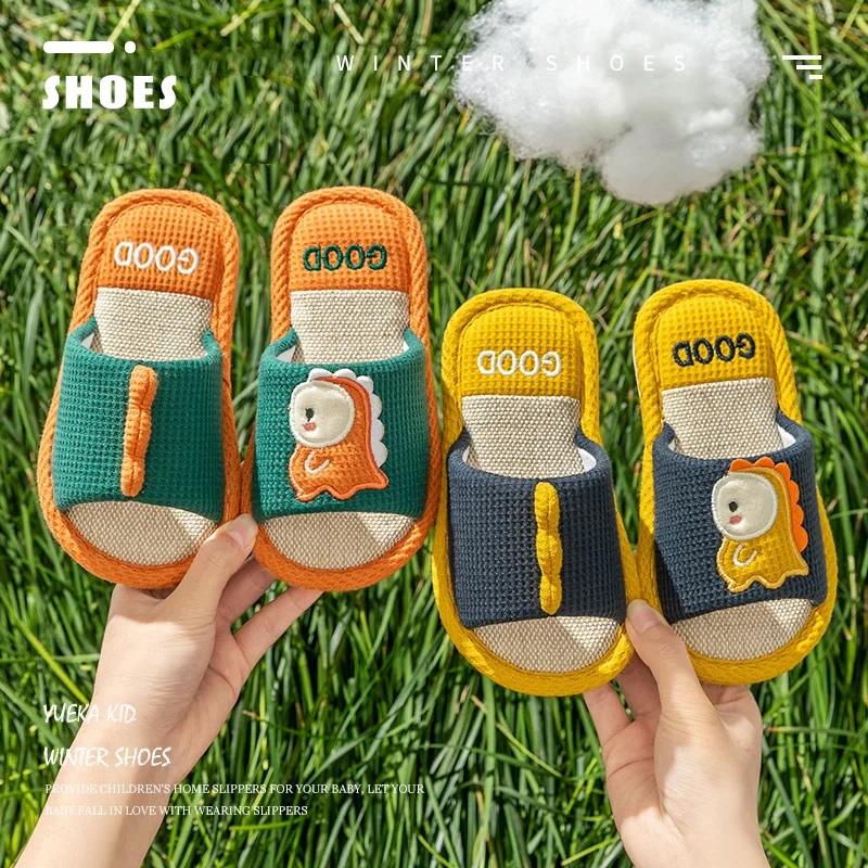

Linen slippers boys and girls summer cartoon dinosaur slippers indoor non-slip