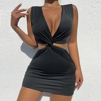 women sexy cross cut out mini dress bangage sleeveless streewear party club dresses 2022 summer woman clothes black red
