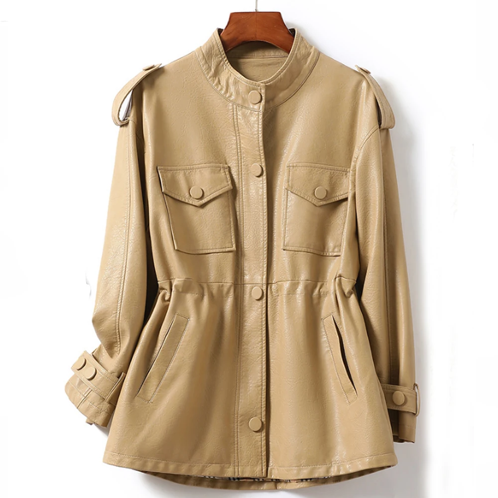 KoHuiJoo Leather Jacket Women 2022 Spring Autumn Fashion Plus Size Stand Collar Slim Leather Oversize PU Jacket Buttons M-4X