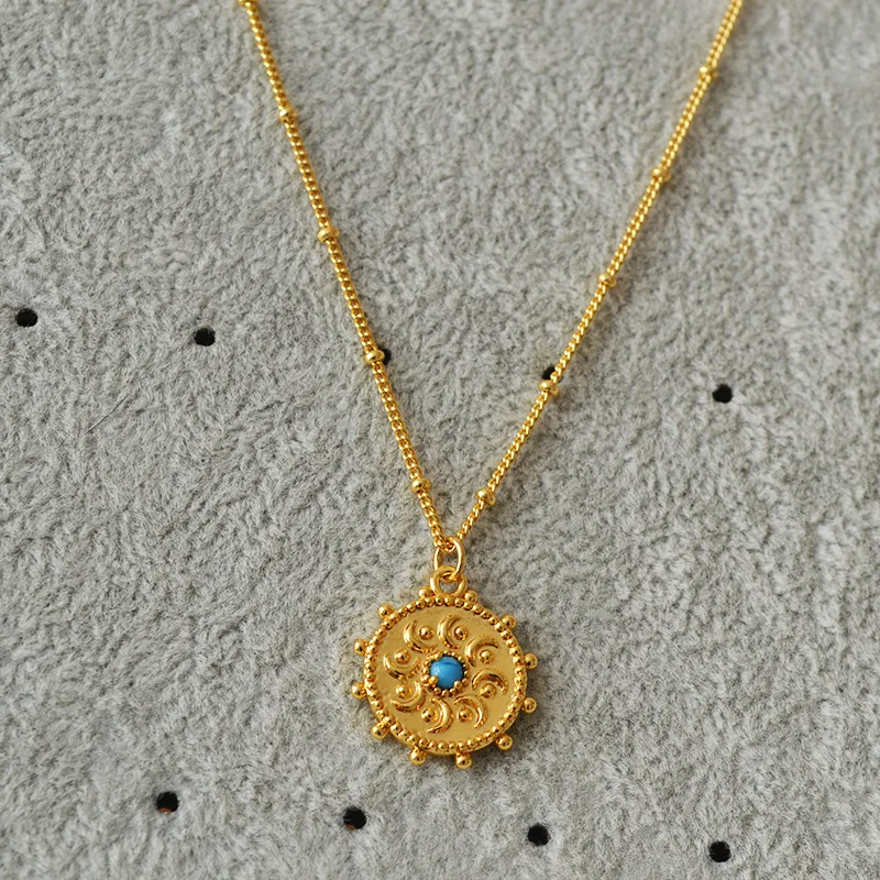 Женское ожерелье с подвеской в виде монеты натуральный бирюзовый кулон