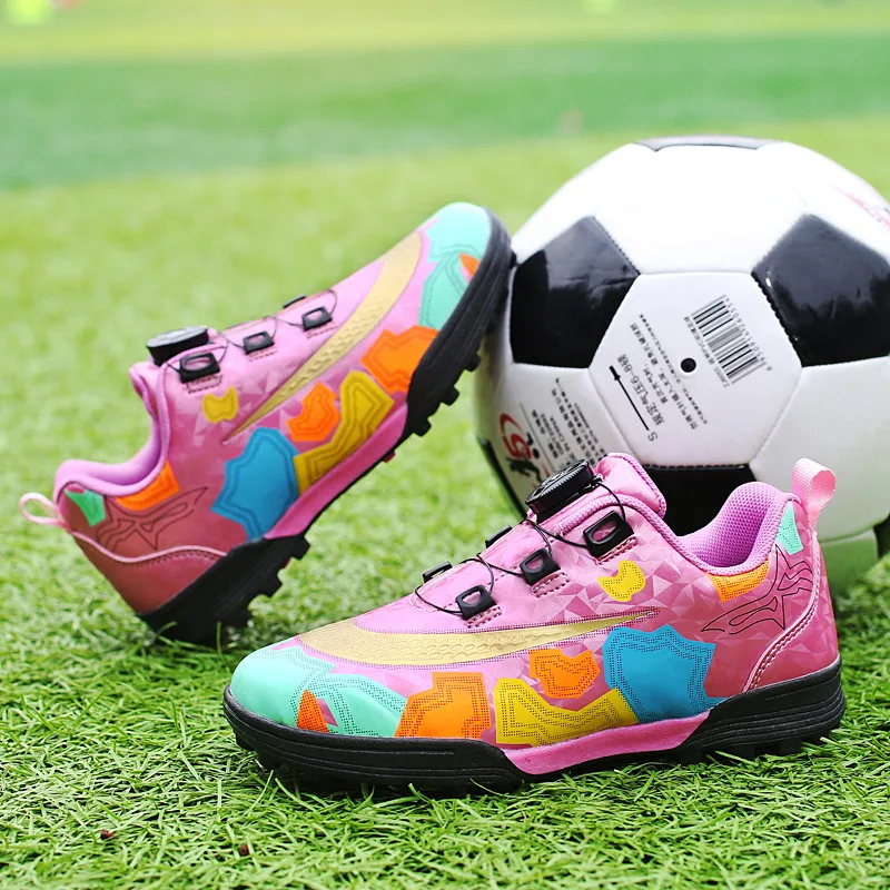 Fashion Pink High Quality Football Shoes Sneakers for Kids Boys Button Non-slip Children Soccer Boots Turf Cleats Trainers Men