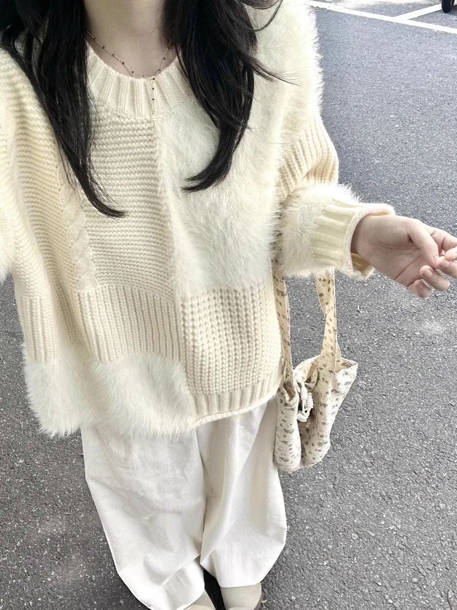 Французский белый лоскутный норковый бархатный вязаный свитер женский