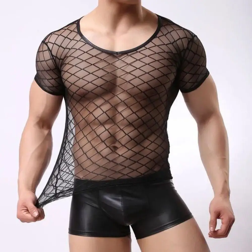 

Men Undershirts Sexy Mesh Transparent Tops Erotic Fishnet Shirts Black Underwear Short Sleeve Gay T Shirts Bottoming EU M-XL