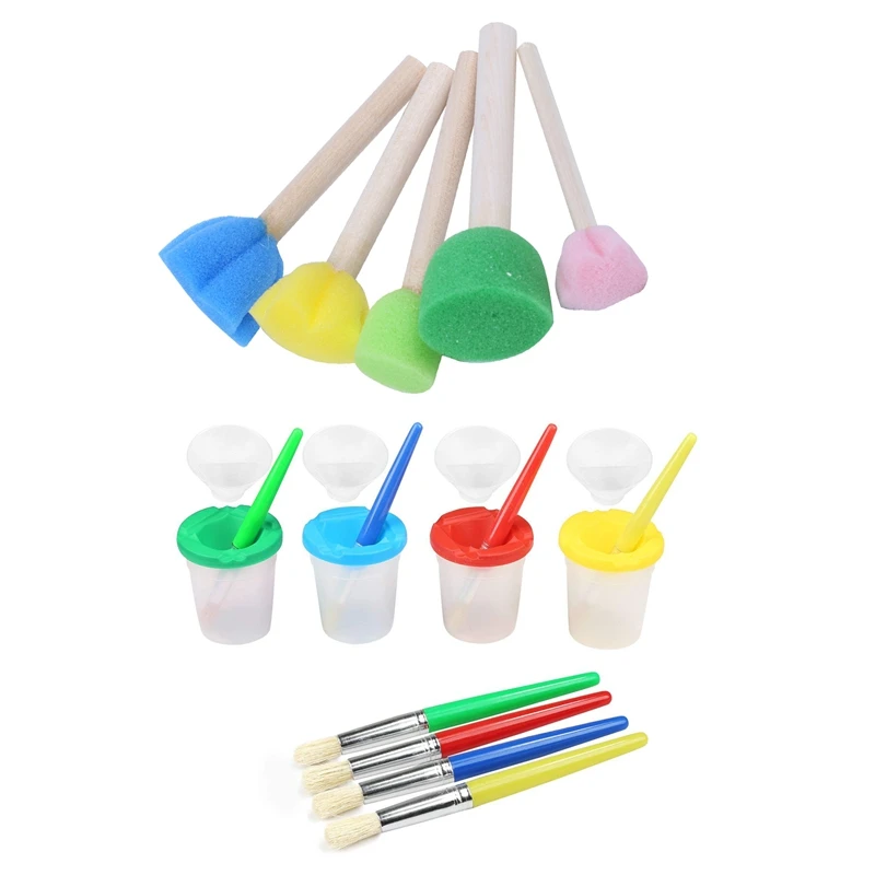 

4 Colors Spill-Proof Paint Bottles With Lids And 4 Pieces Brushes & 5Pcs Sponge Paint Brushes Toys Wooden Handle