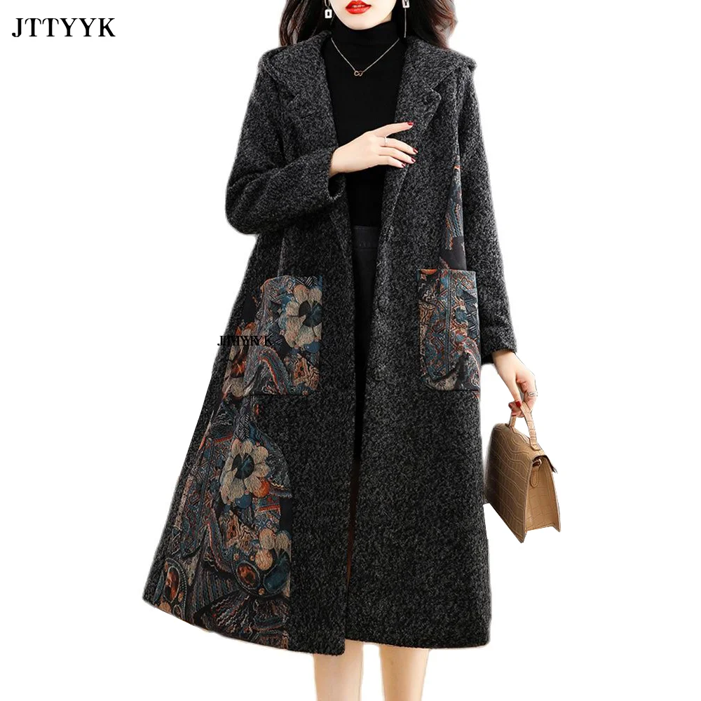 

Women's Woolen Coat 2022 Winter New National Style Large Size Hooded Wool Jacket Loose Thicked Long Blend Woolen Overcoat