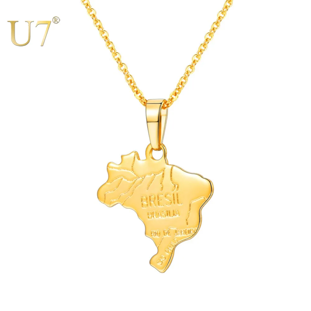 

U7 Brazil India Nation Map 15 countries Gold Color Pendant Necklace For Women Men POL MAR Patriotism Statement Unisex Jewelry