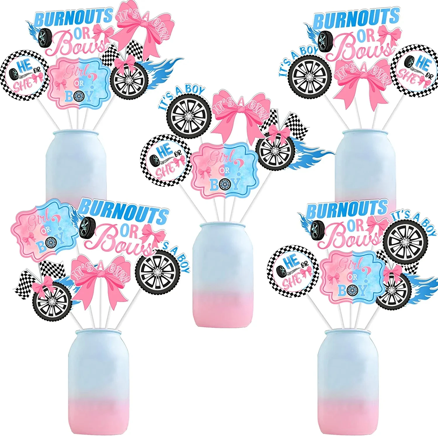 

24Pcs Burnouts or Bows Gender Reveal Centerpiece Sticks Blue Pink Table Toppers Boy or Girl Pregnancy Celebrate Party Decoration