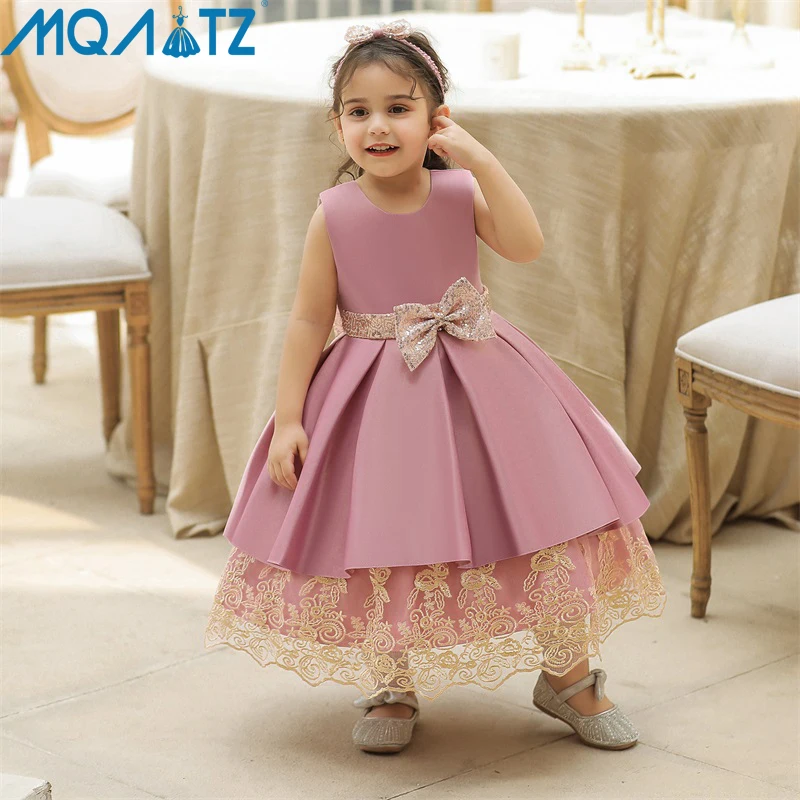 

MQATZ Summer Dress Sequin Floral Bow Headband 1 Year Kid Newborn Christening Princess Toddler Children Baptism Baby Girl Clothes
