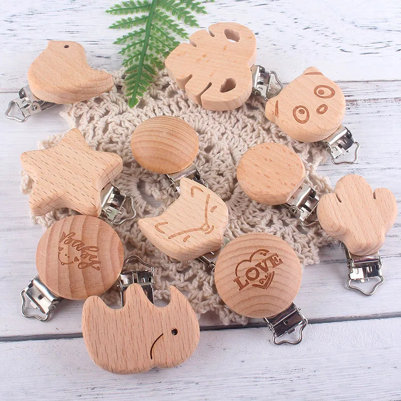 

1pc Wooden Pacifier Clip Teething Pacifier Chain Dummy Holder Clip Food Grade Natural Beech DIY Soother Accessories for Baby