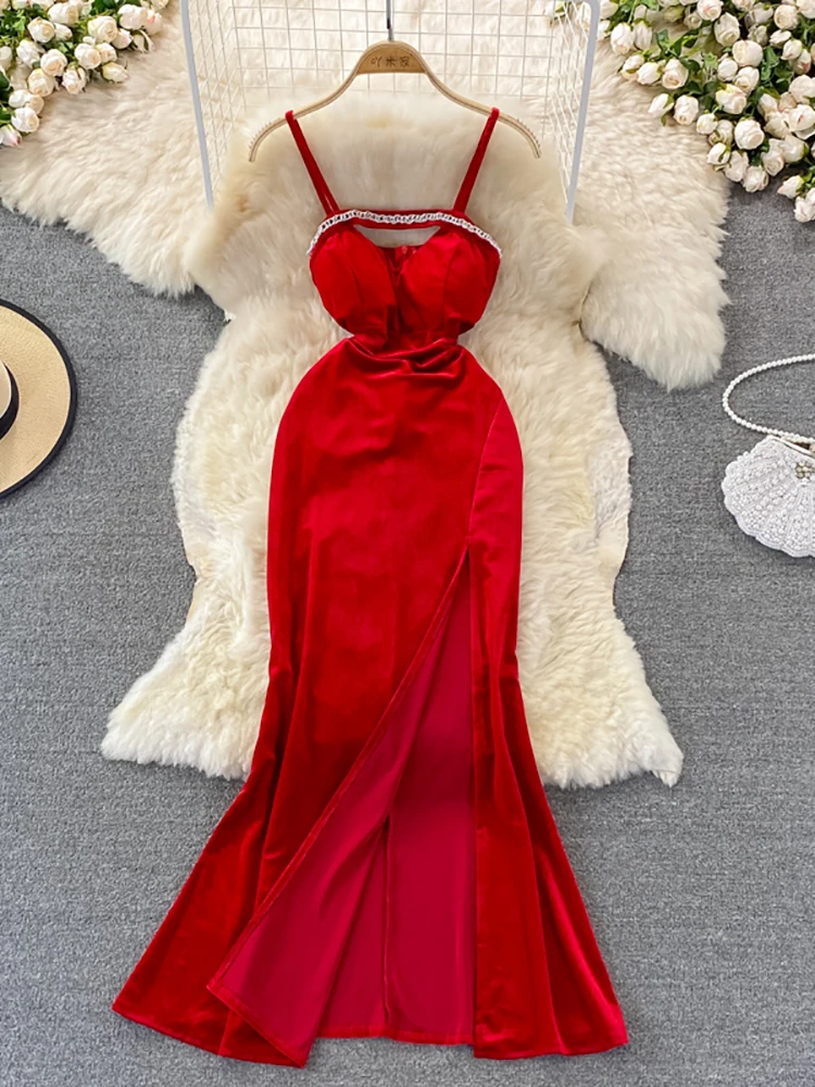 

Женское бархатное платье-русалка, черное/Красное длинное вечернее платье без бретелек с высокой талией и разрезом, лето 2019