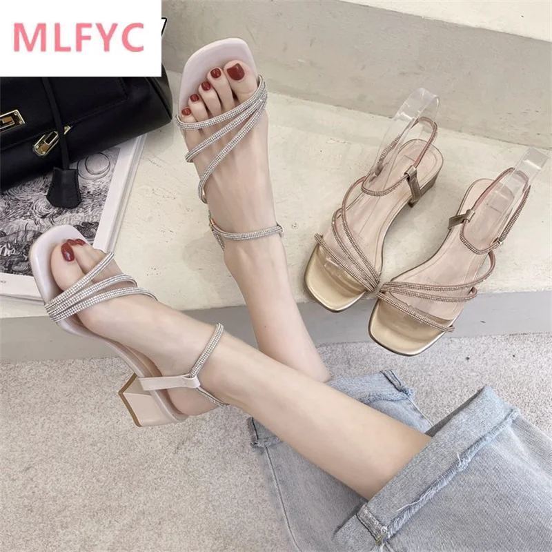 

2022 summer new temperament women's sandals square toe open toe fairy style rhinestones one word with thick heel women's sandals