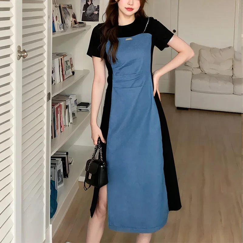 Женское джинсовое платье с коротким рукавом повседневное облегающее составного