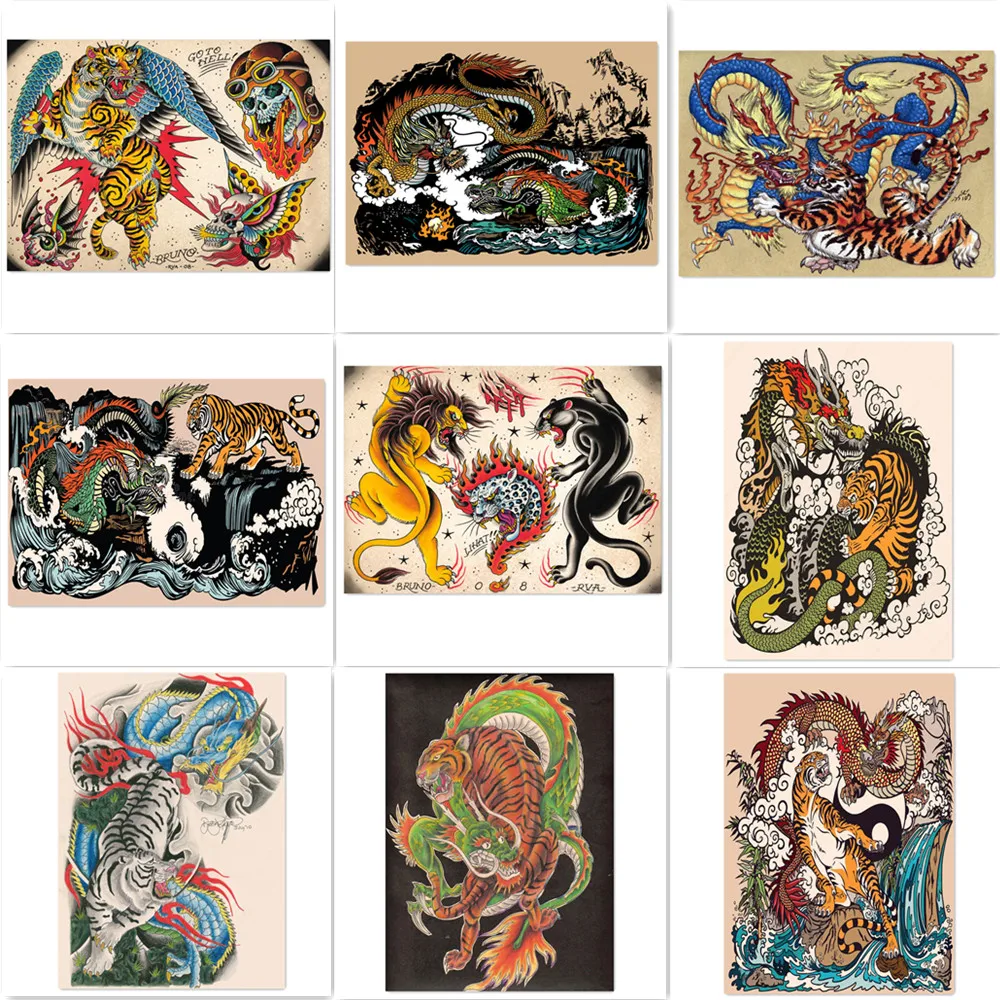 

Vintage Kraft Paper Posters & Prints Wall Sticker Wall Decor Art Painting Dragon vs Tiger Japanese Ukiyo-e Tattoo Art Picture A1