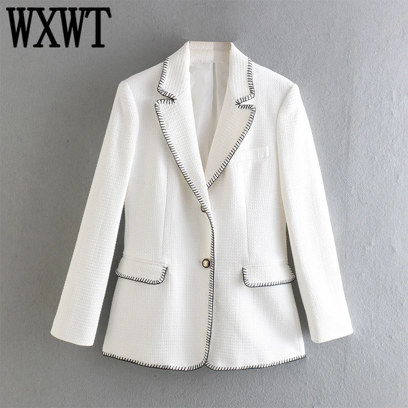

WXWT Women Sew String Detail Straight Blazer Long Sleeve Single Breasted Jacket Coats Fashion Office Lady Tops CD8493