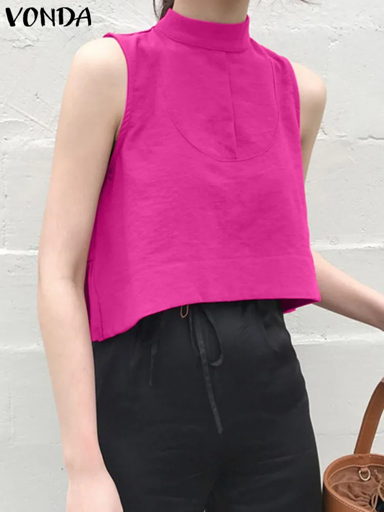 

VONDA Women Shirts Sexy Sleeveless Ruffled Blouses Summer Tunic Tops Casual Stand Collar Solid Color Shirts 2023 Fashion Blusas