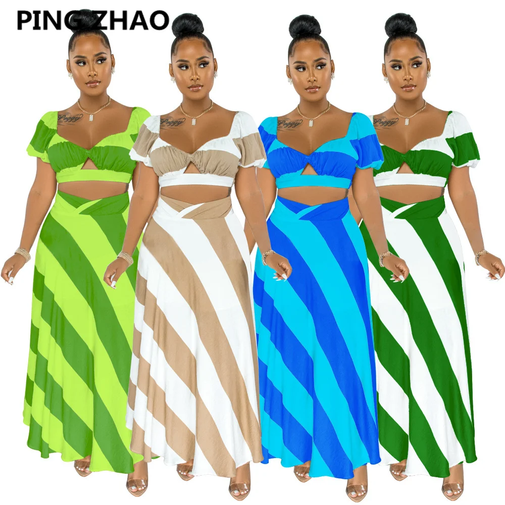 

PING ZHAO Elegant Women Striped High Waist Maxi Long Skirt and Crop Top Matching Two Piece Set Outfits