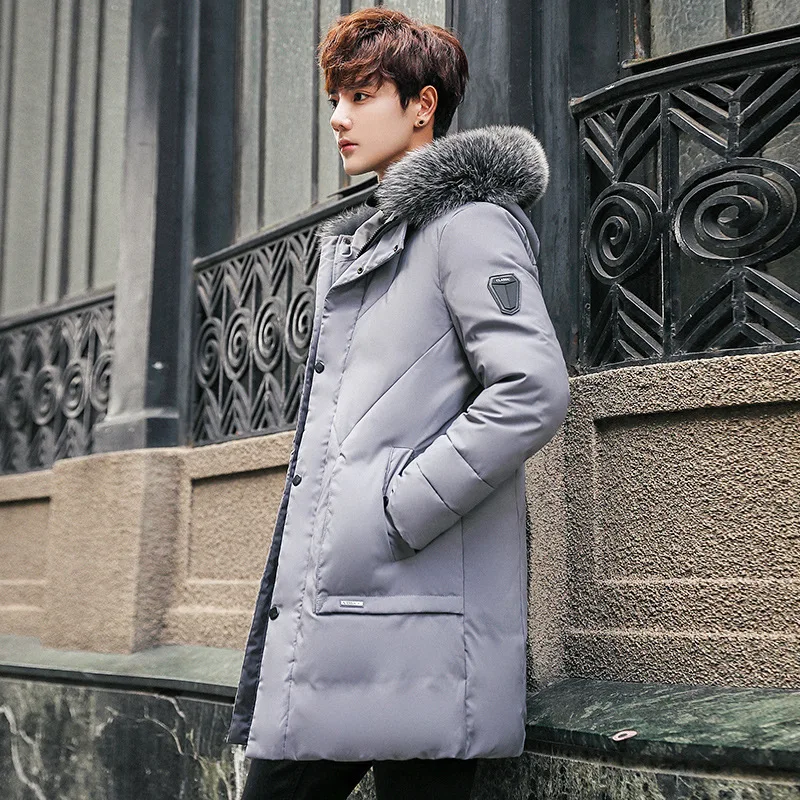 Autumn/Winter 2022 Men's long Down jacket 100% white eiderdown hooded large fur collar fashion youth coat