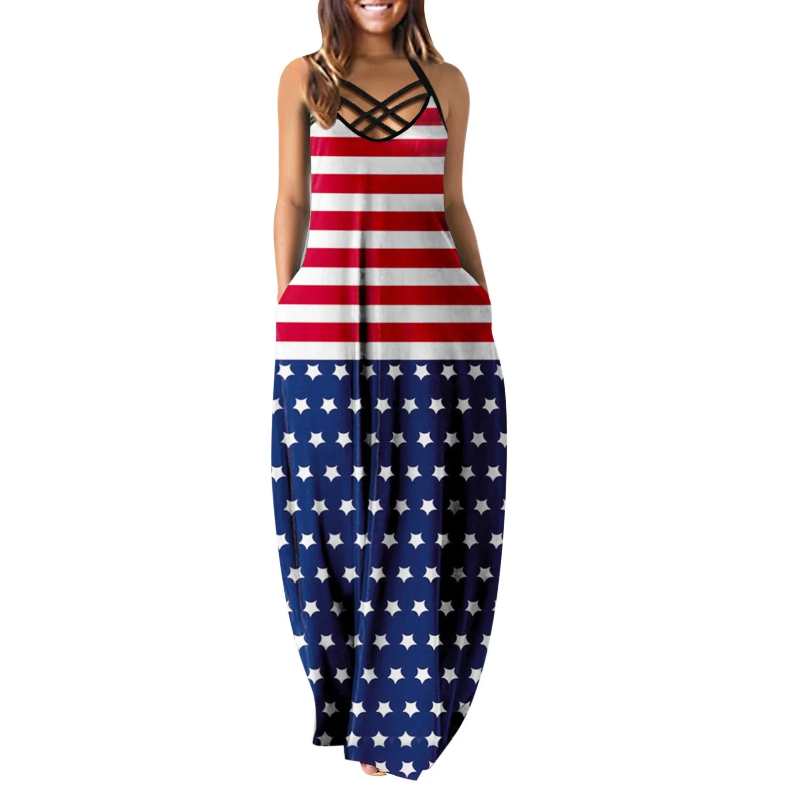 

Women Summer Dresses V-Neck Print Sleeveless Double Pocket Wide Strap Cross Strap Plus Size Maxi Dresses Women Elegant Dresses
