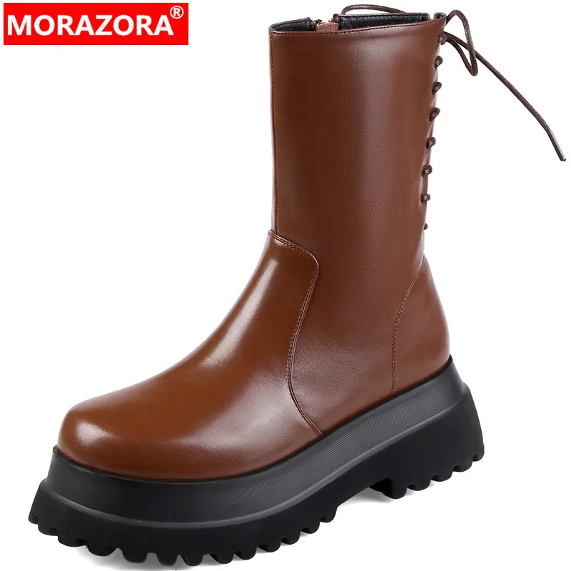 

Женские сапоги из натуральной кожи MORAZORA, черные однотонные сапоги до середины икры из натуральной кожи, на платформе и толстом среднем кабл...