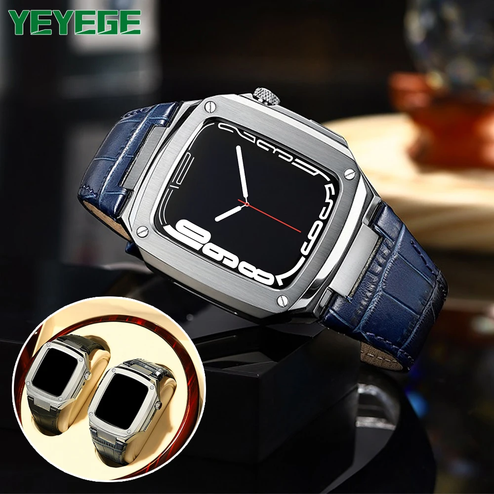 

Modification Kit Metal Case+Strap For Apple Watch 40mm 44mm Stainless Steel Strap Genuine Leather Watch Band iWatch Metal Mod