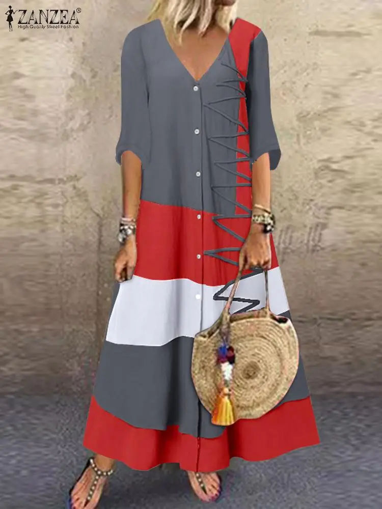 

Women Fashion Patchwork Long Dress ZANZEA Summer Vintage V Neck 3/4 Sleeve Sundress Casual Loose Beach Party Vestidos Oversize